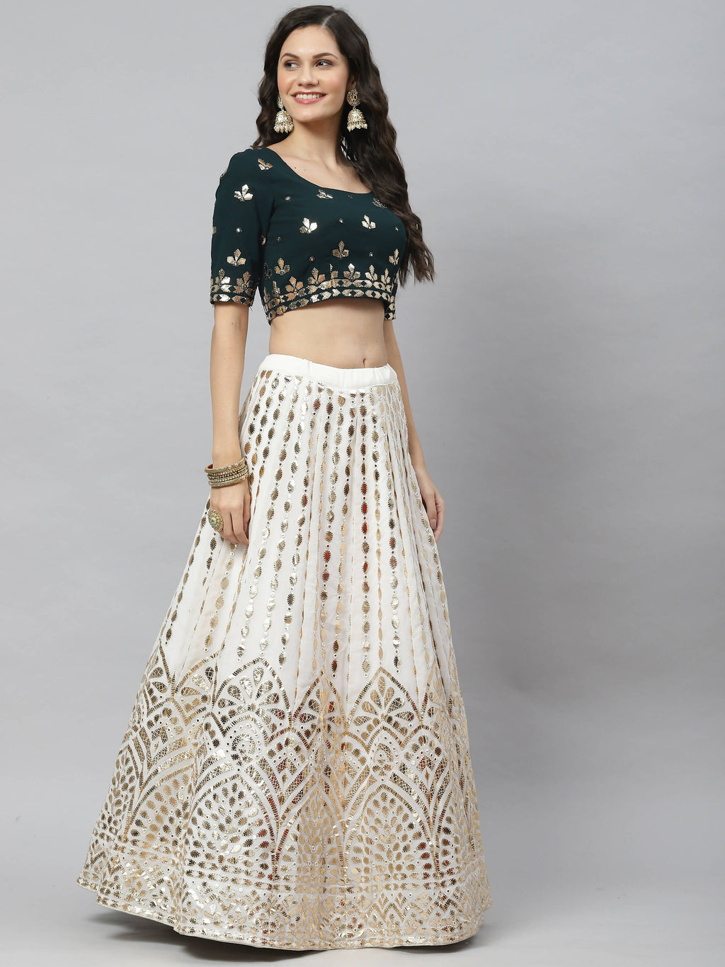 White Georgette Paper Mirror Embroidery Work Lehenga Choli with Dupatta - Jivika