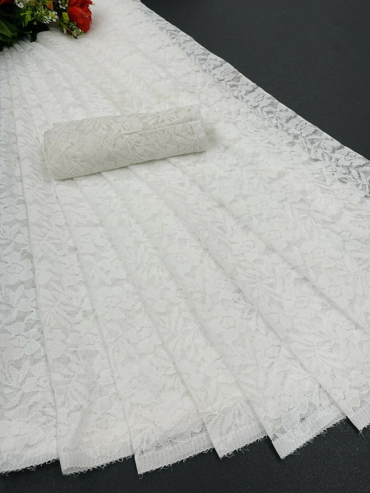 Vamika White Pearls Net Saree - Distacart