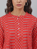 Janasya Women's Red Cotton Floral Print Flared Top - Distacart