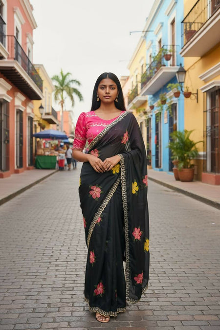 Teeya Creation Black Rangoli Silk Embroidery Work Party Wear Designer Saree