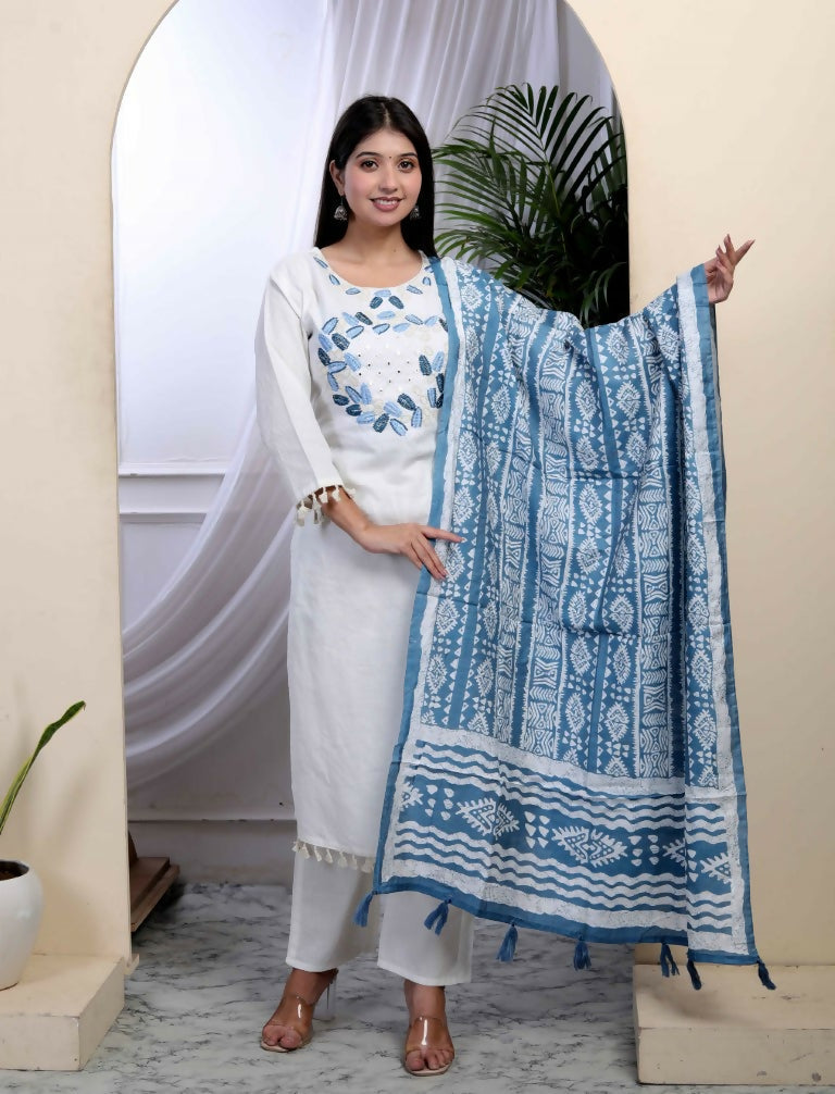 Miravan Women's White Cotton Thread Work Embroidered And Mirror Work Straight Kurta Palazzo With Dupatta Set