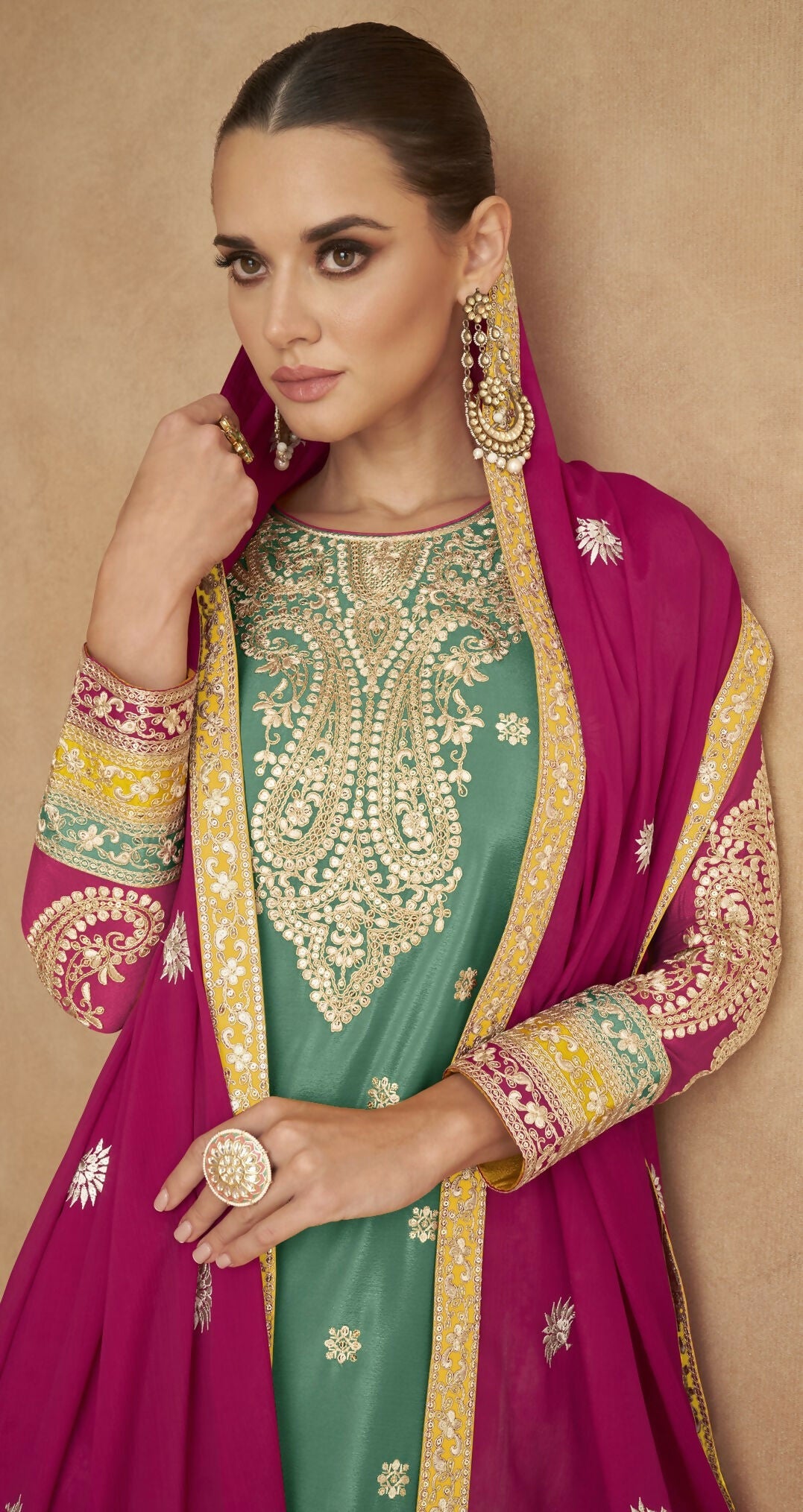 Anaita Sea Green Chiffon Suit with Embroidery Coding Sequence Work - Distacart
