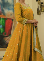 Teeya Creation Yellow Color Pure Vichitra Silk Embroidery Work Party Wear Gown - Distacart