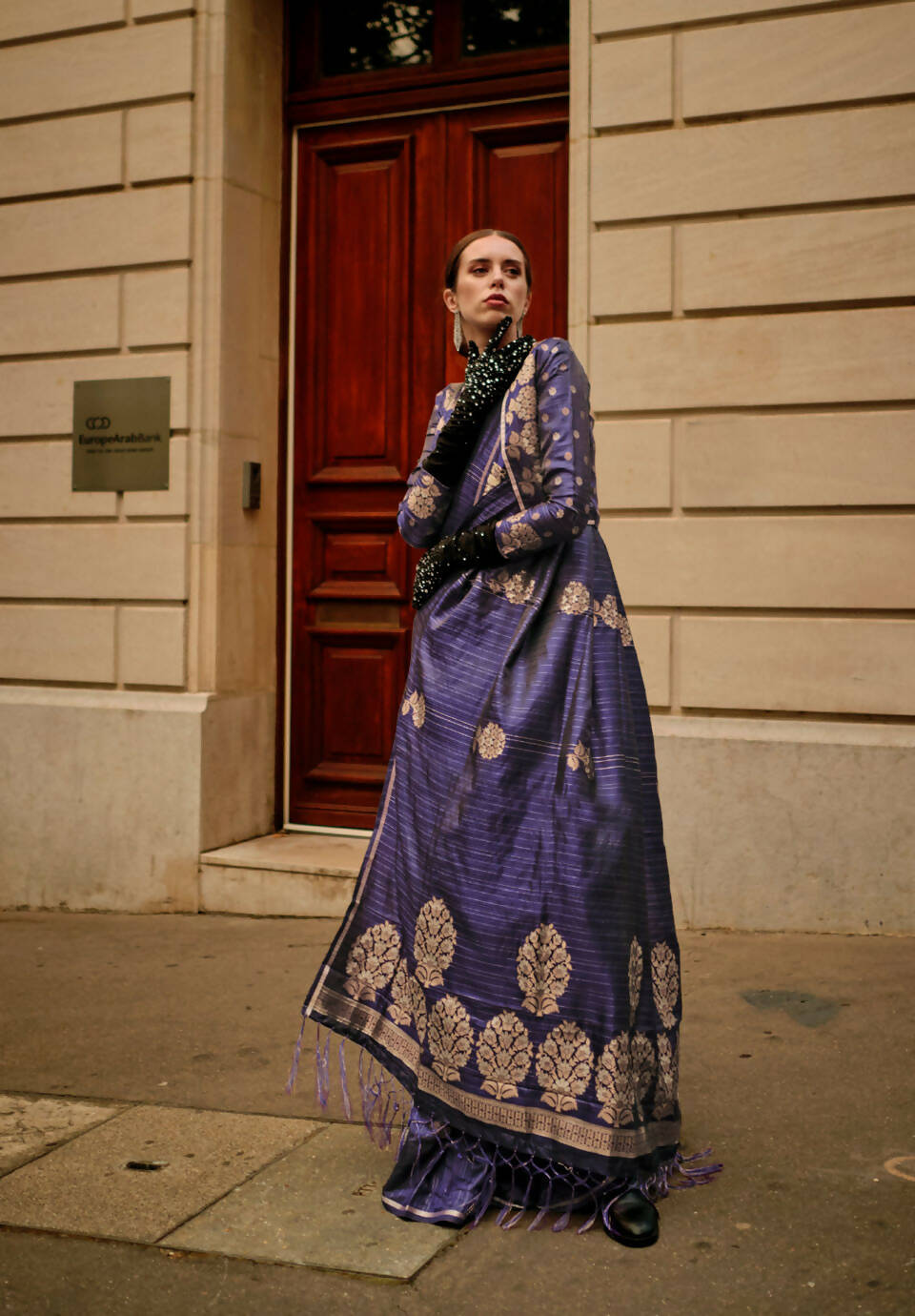 Navy Blue Weavead Thread & Zari Work, Handloom Weaving Banarasi Satin Silk Saree - Rajtex Kronicle Silk