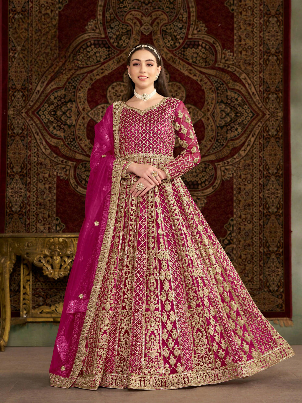Anaita Rani Pink Embroidered Net Stitched Anarkali Suit - Distacart