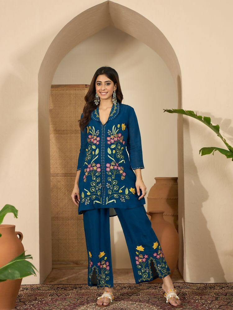 Joban Fashion Women Blue Roman Silk Embroidered Stitched Kurta Set - Distacart