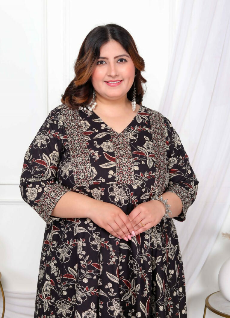 Miravan Women's Plus Size Yoke Embroidery Multi Anarkali Kurta and Palazzo Set
