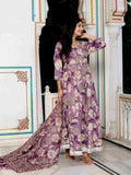 Miravan Women's Purple Flower Printed With Lace Border Anarkali Kurta With Dupatta Set