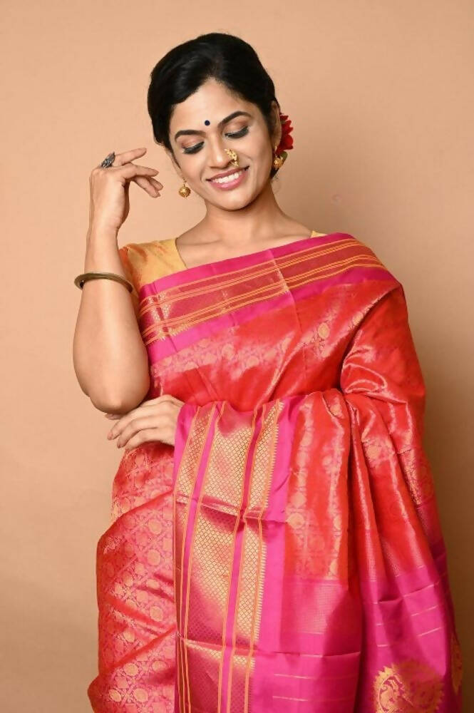 Very Much Indian Silk Handloom Maharani Paithani Complete Brocade Work Throughout Saree Peach Pink - Distacart