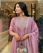 The52 Women's Beautiful Chinon Fabric Embroidery Work Flared Kurta Pant and Dupatta Set - Distacart