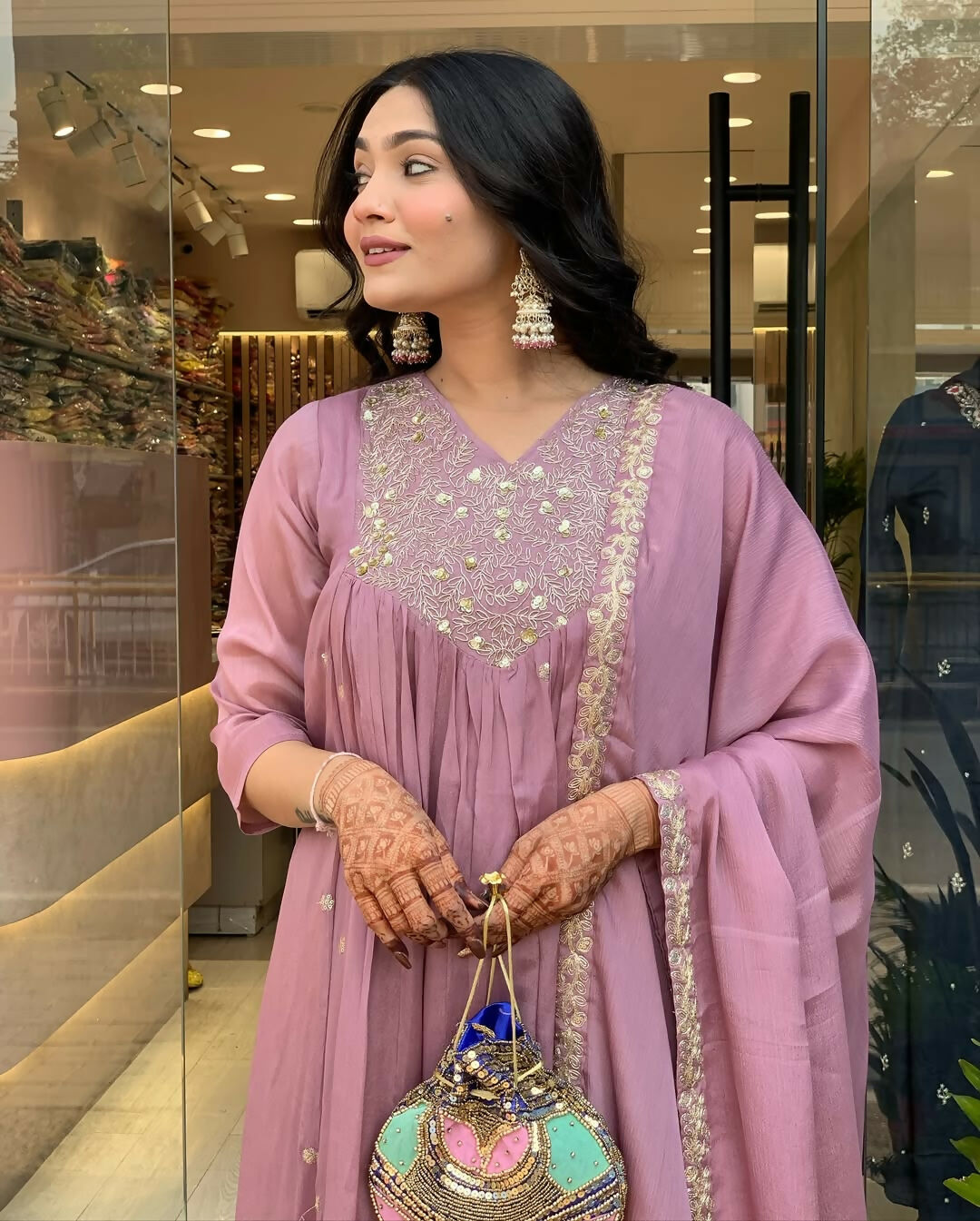 The52 Women's Beautiful Chinon Fabric Embroidery Work Flared Kurta Pant and Dupatta Set - Distacart