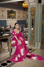 Vastranavya Pink Spectacular Georgette Printed with Pearl Lace Saree with Unstitched Blouse - Distacart