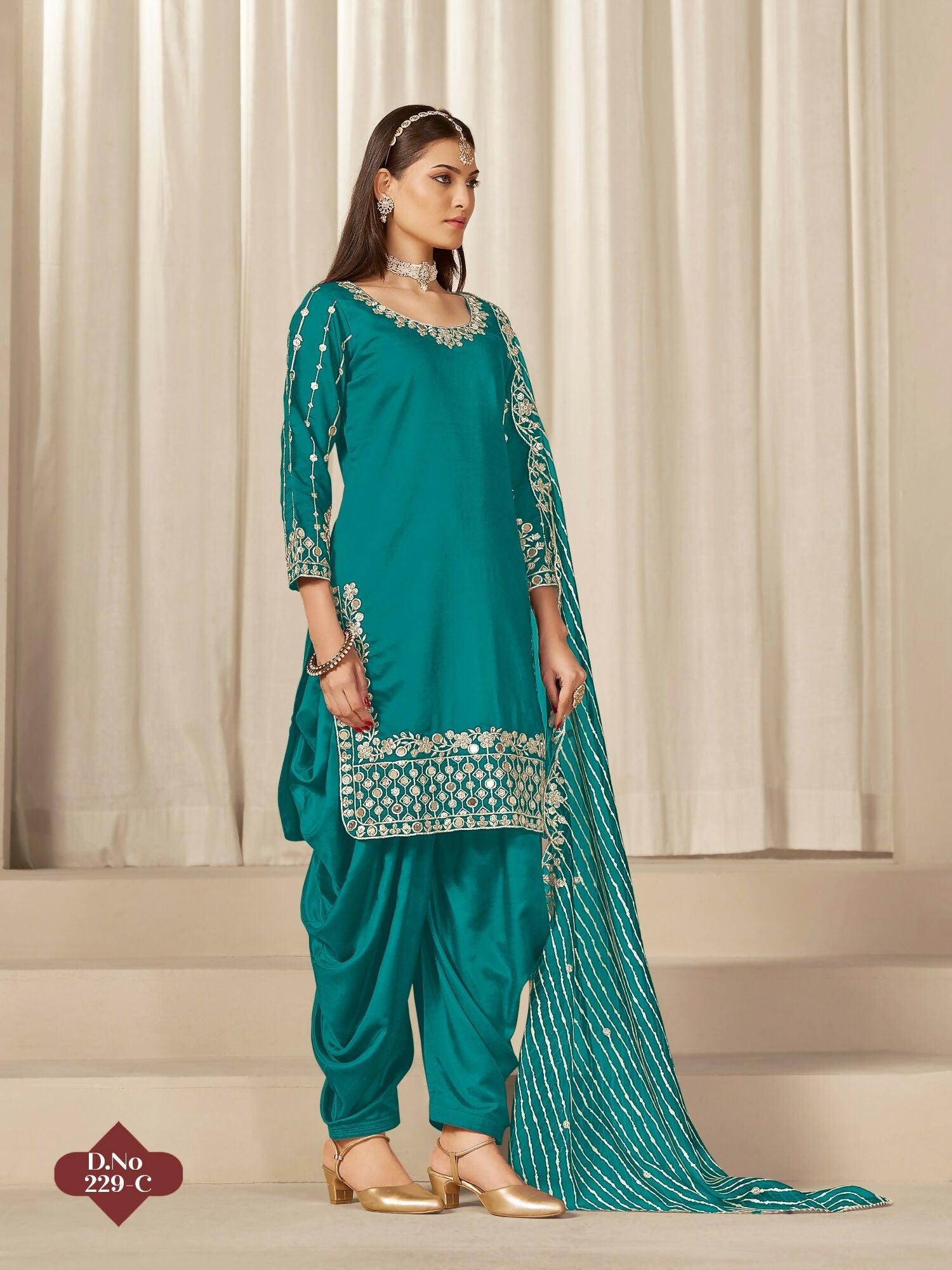 Anaita Turquoise Roman Silk Stitched Suit with Embroidery & Real Mirror Work - Distacart