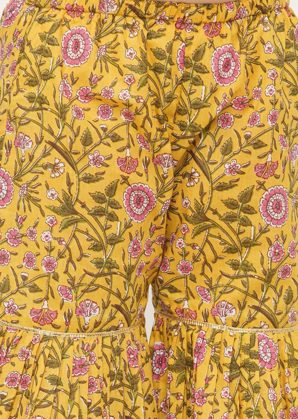 Little Bansi Girls Cotton Embroidery Kurta with floral sharara with Dupatta - White & Yellow
