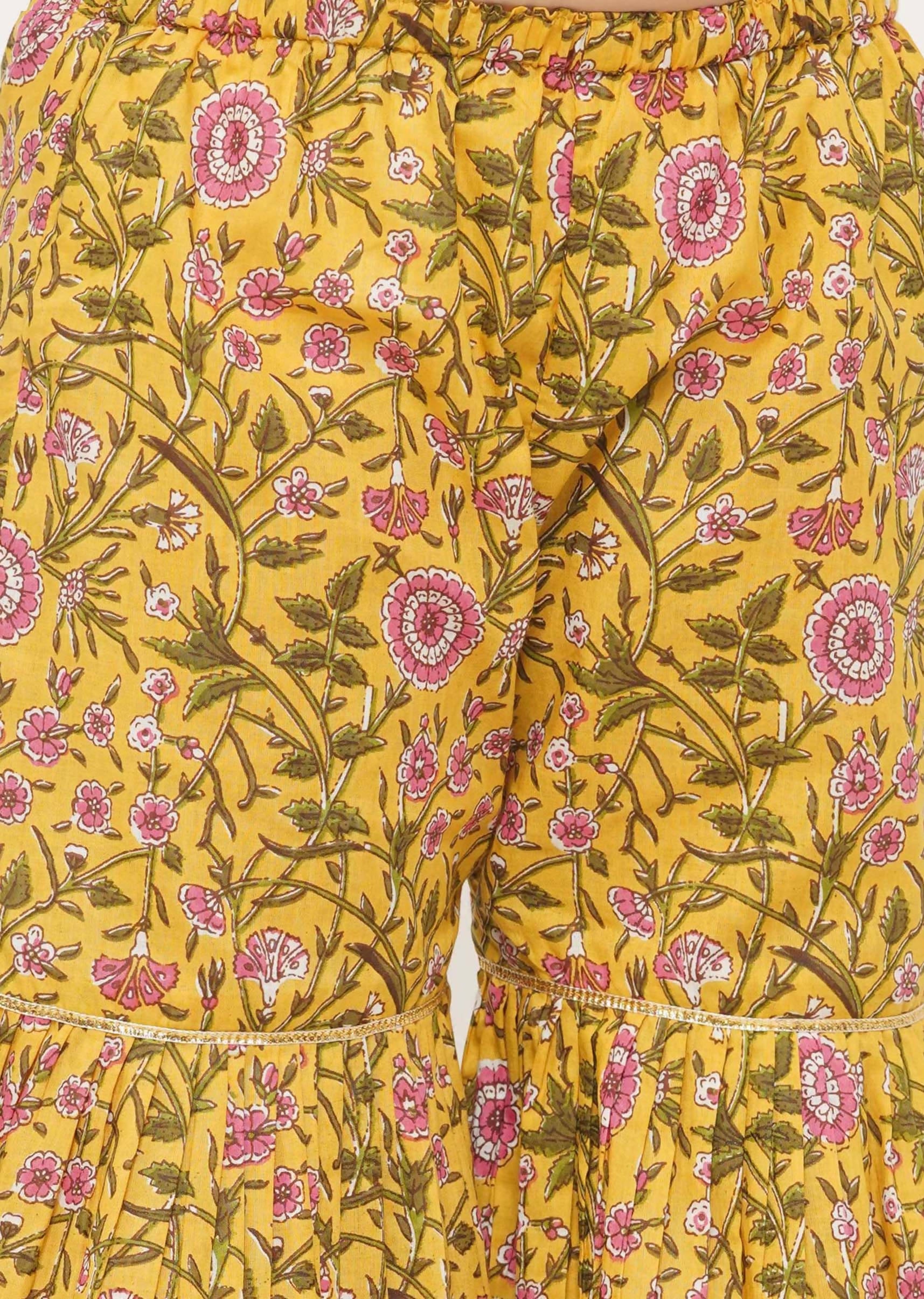 Little Bansi Girls Cotton Embroidery Kurta with floral sharara with Dupatta - White & Yellow