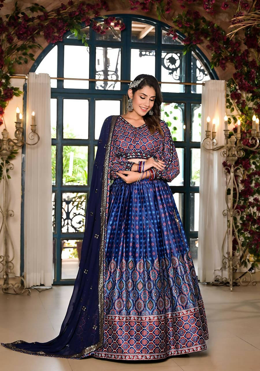 Women's Wedding Traditional Blue Dull Satin Lehenga Choli - Kaushlya