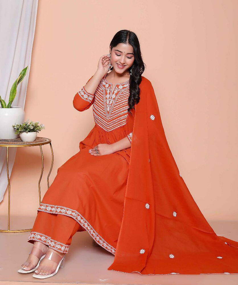 Miravan Womens Floral Embroidered Rust Straight Cotton Kurta & Palazzo With Dupatta Set - Distacart