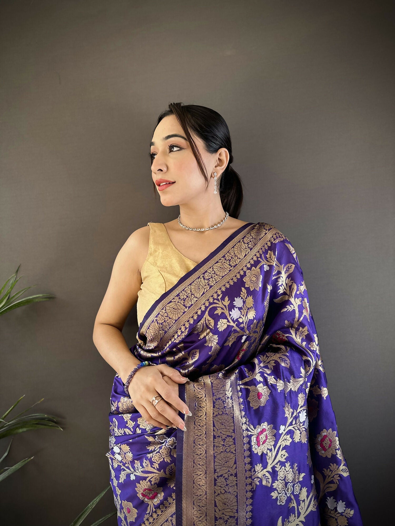 Joban Fashion Violet Floral & Ethnic Motifs Design Soft Silk Meenakari Banarasi Saree - Distacart
