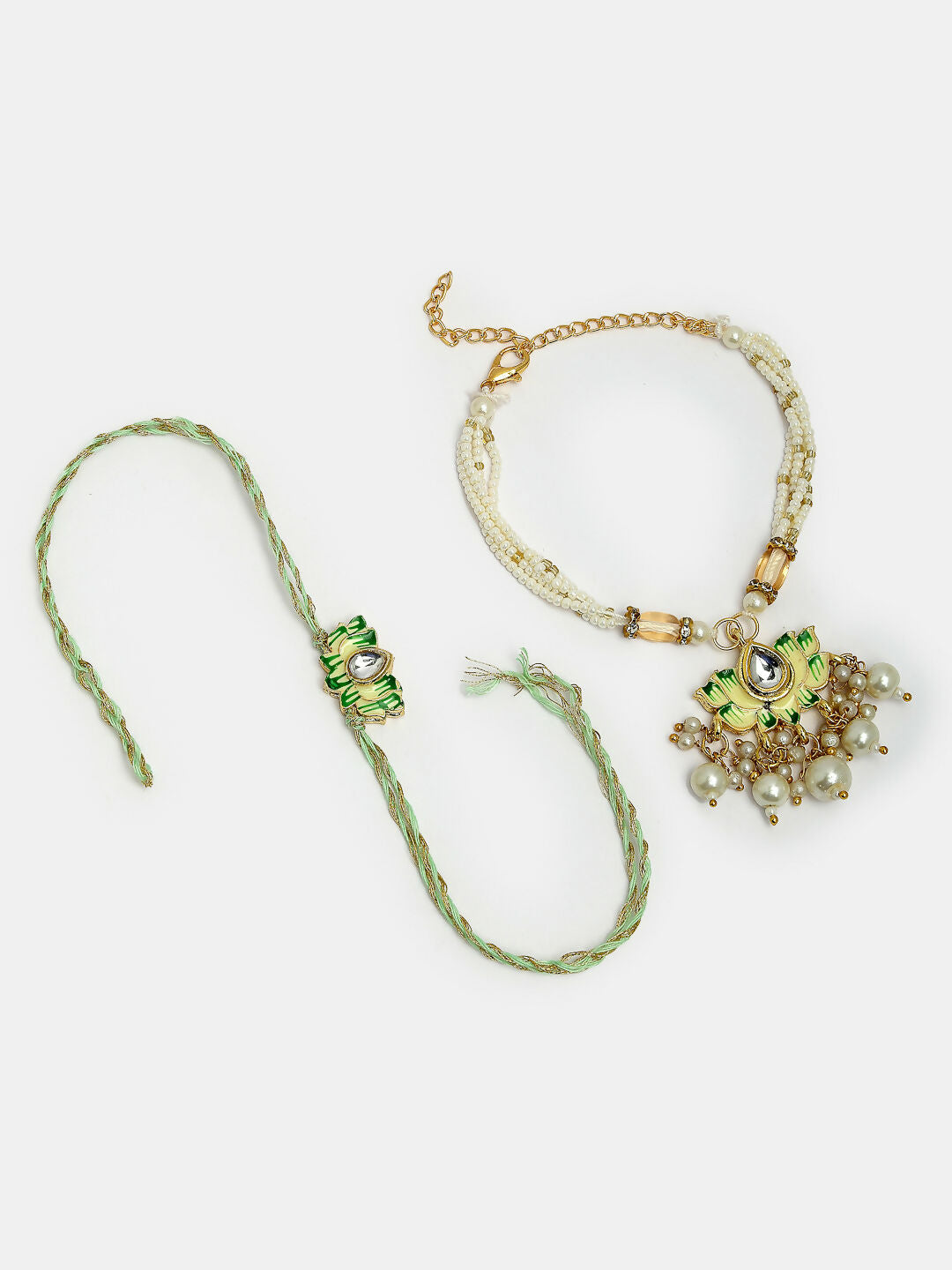 NVR Women & Men Set of 2 Green Lotus Shape Kundan-Studded & Beaded Wraparound Rakhi Set With Roli Chawal & Chocolate - Distacart