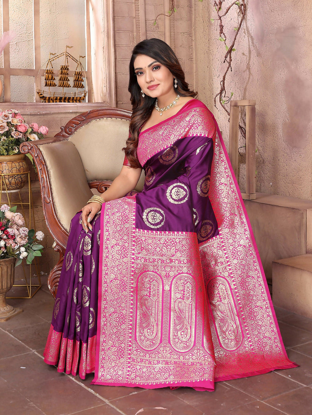 Joban Fashion Purple Banarasi Soft Silk Woven Saree - Distacart