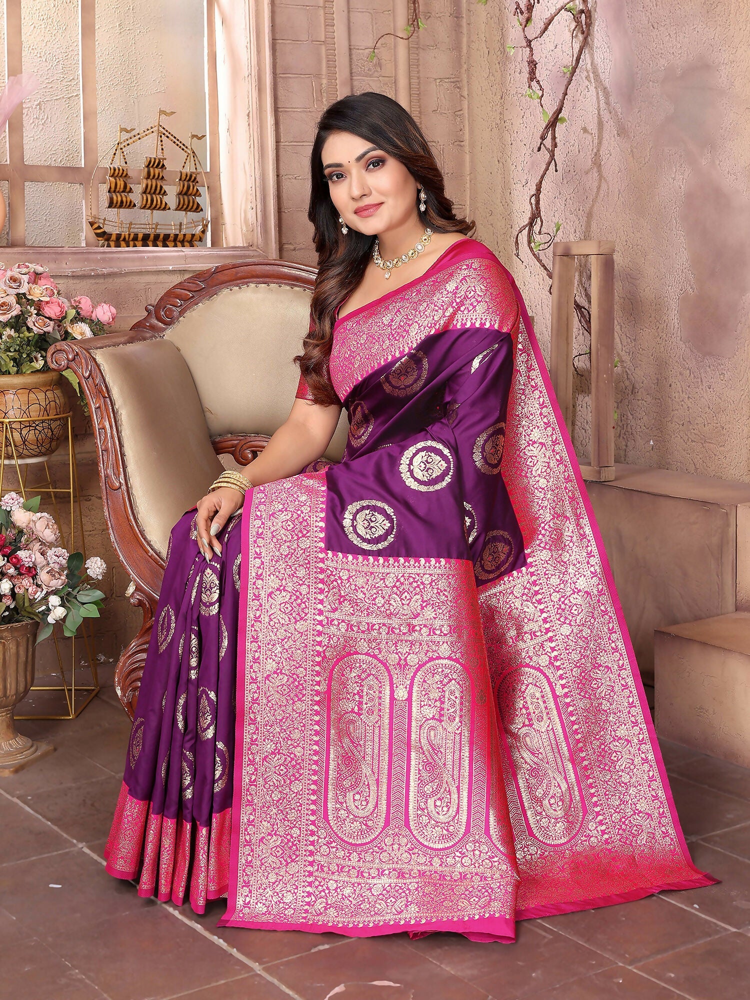 Joban Fashion Purple Banarasi Soft Silk Woven Saree - Distacart