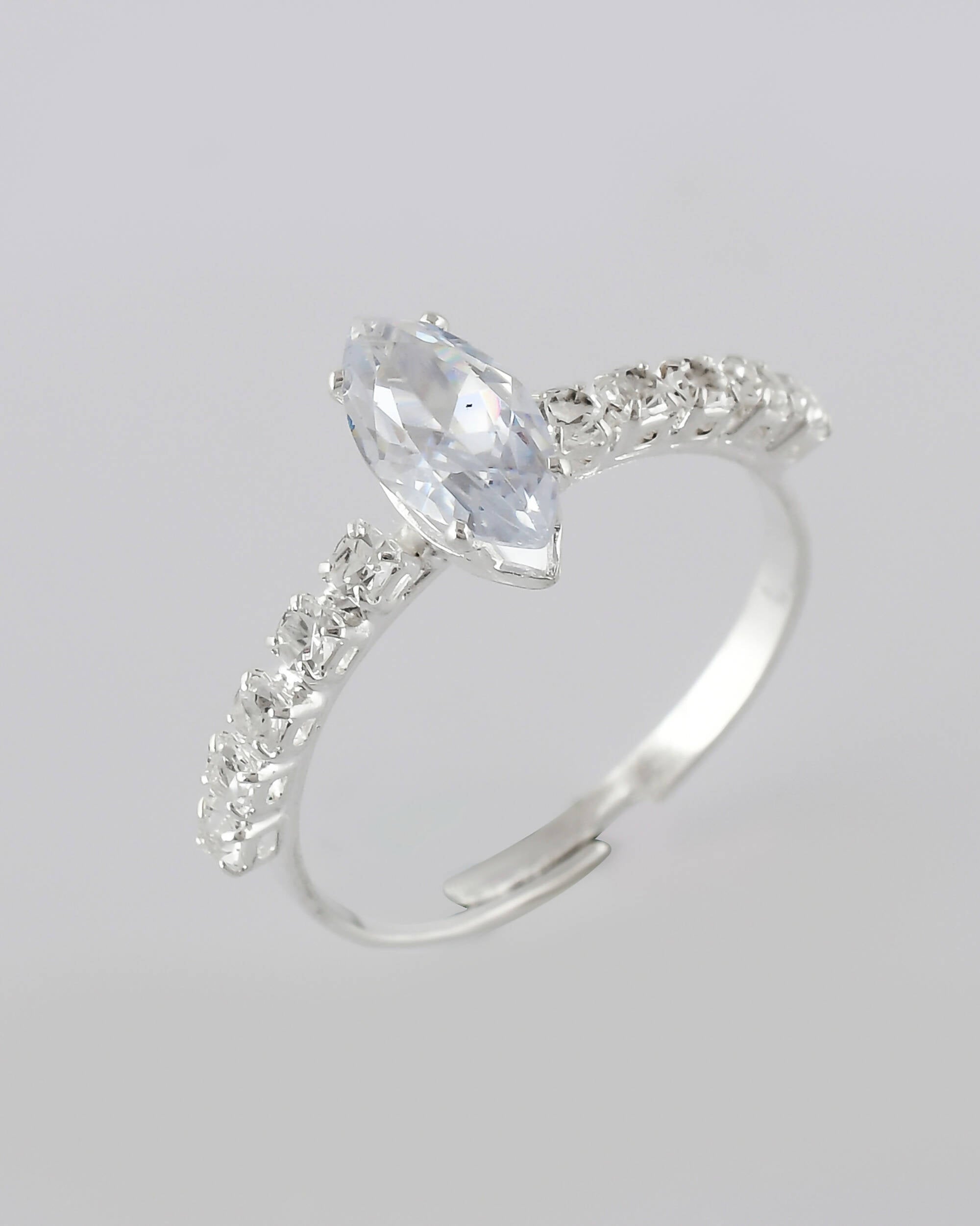 VOJ white CZ-detail Stainless Steel Cubic Zirconia Silver Plated Adjustable Finger Ring