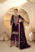 Joban Fashion Wine Velvet Sequence Embroidery Work Kurta Set - Distacart
