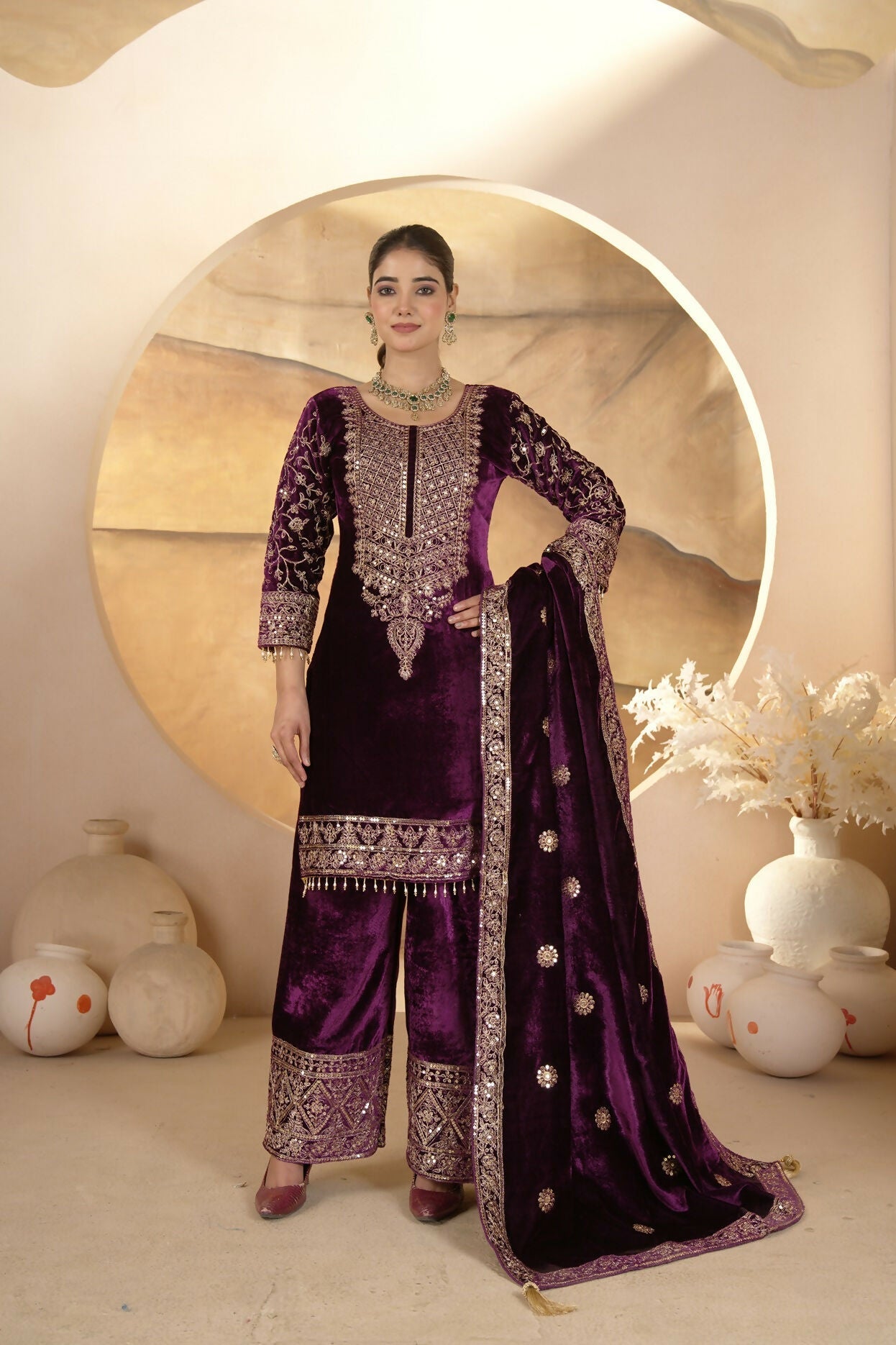 Joban Fashion Wine Velvet Sequence Embroidery Work Kurta Set - Distacart