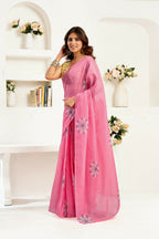Joban Fashion Baby Pink Geomatric Linen Ready To Wear Saree With Unstitched Blouse - Distacart
