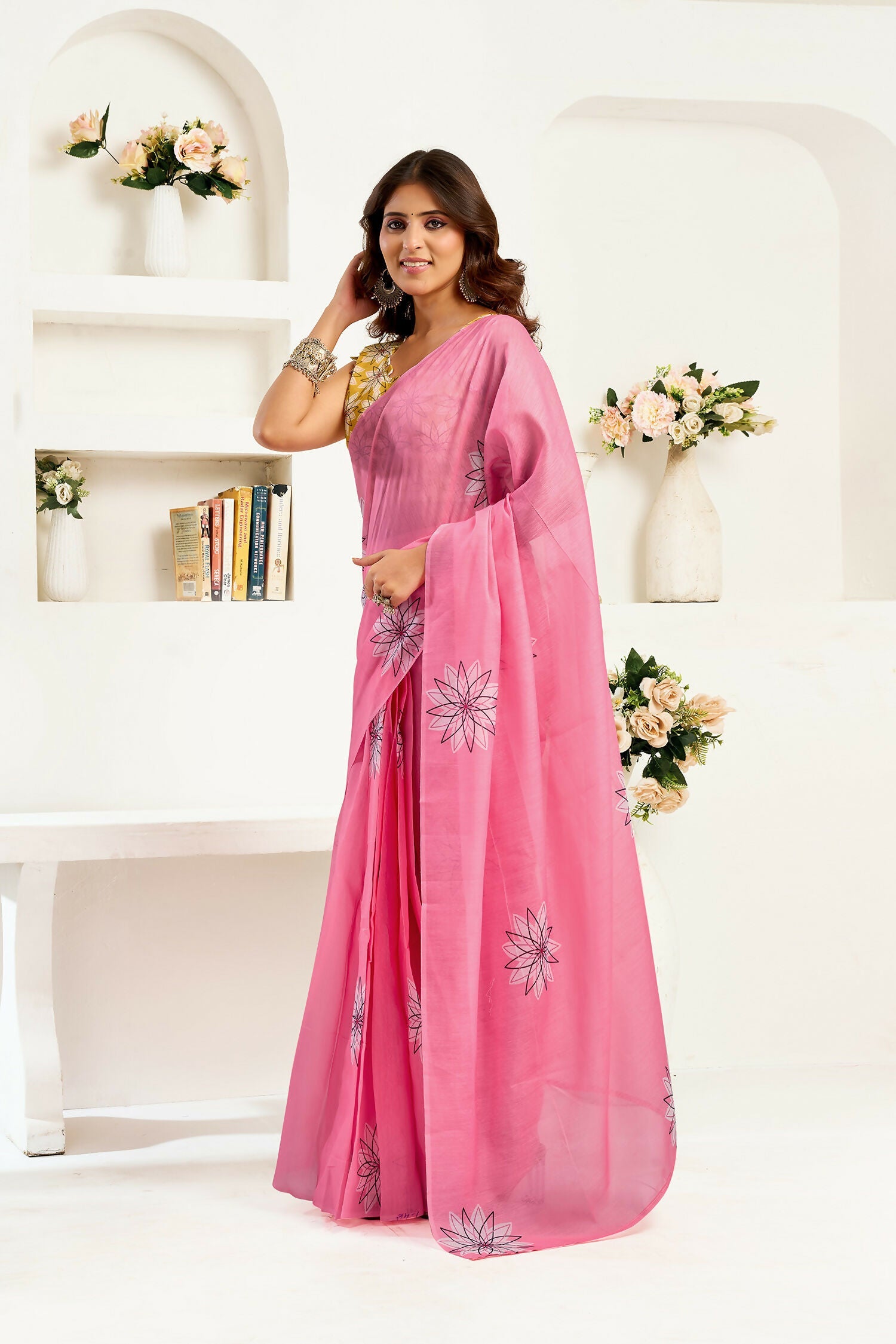 Joban Fashion Baby Pink Geomatric Linen Ready To Wear Saree With Unstitched Blouse - Distacart