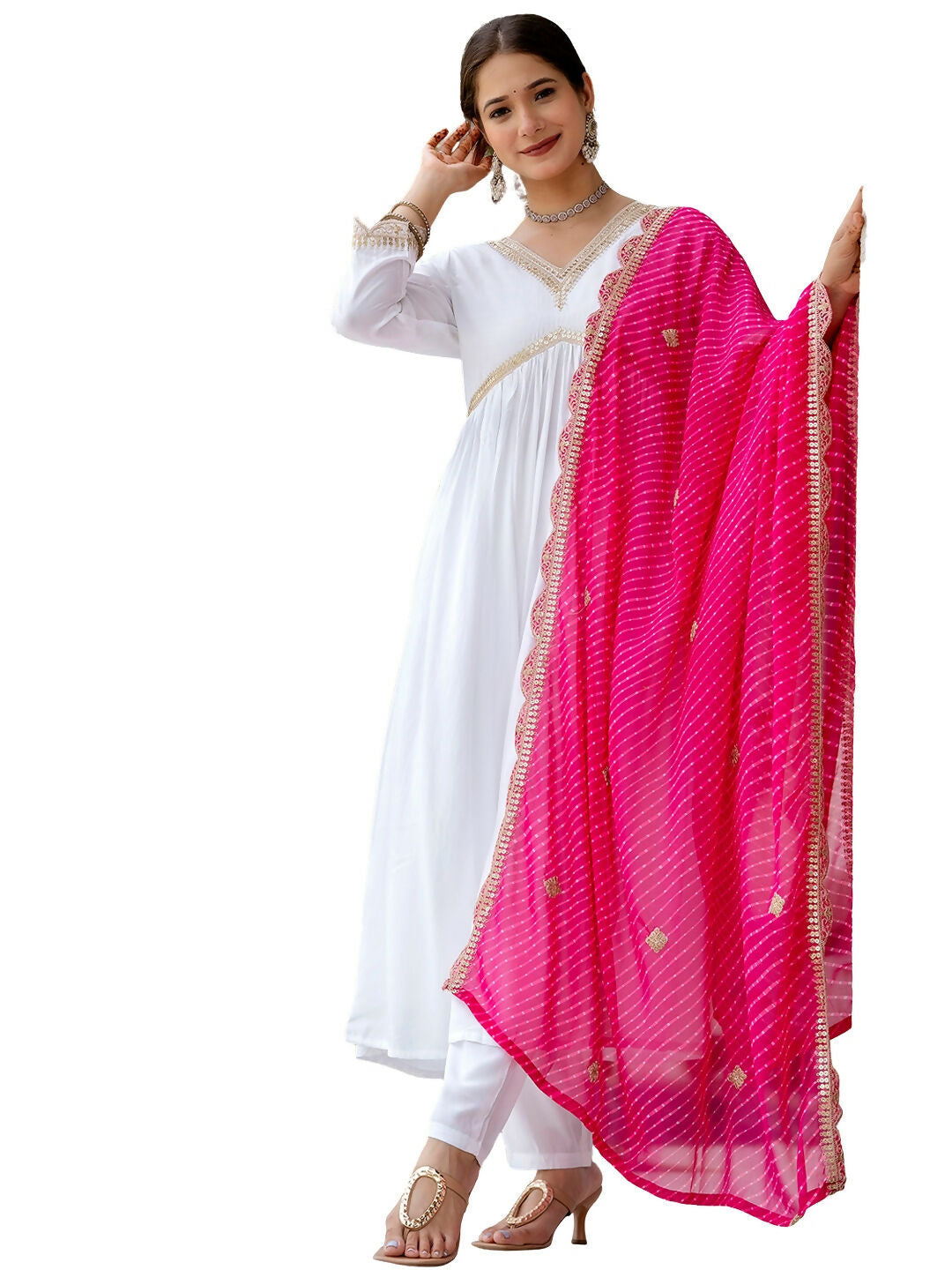 The52 White Women's Gorgeous Embroidered Chanderi Fabric Straight Kurta, Pant and Dupatta Set - Distacart