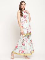 Ahalyaa Women's Mint Green Crepe Digital Floral Print Kurta Sharara Set with Dupatta