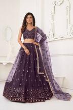 Eilara Women'S Dusty Wine Butterfly Net With Tone Thread Work And Sandwich Embroidered Work Lehenga Choli For Wedding