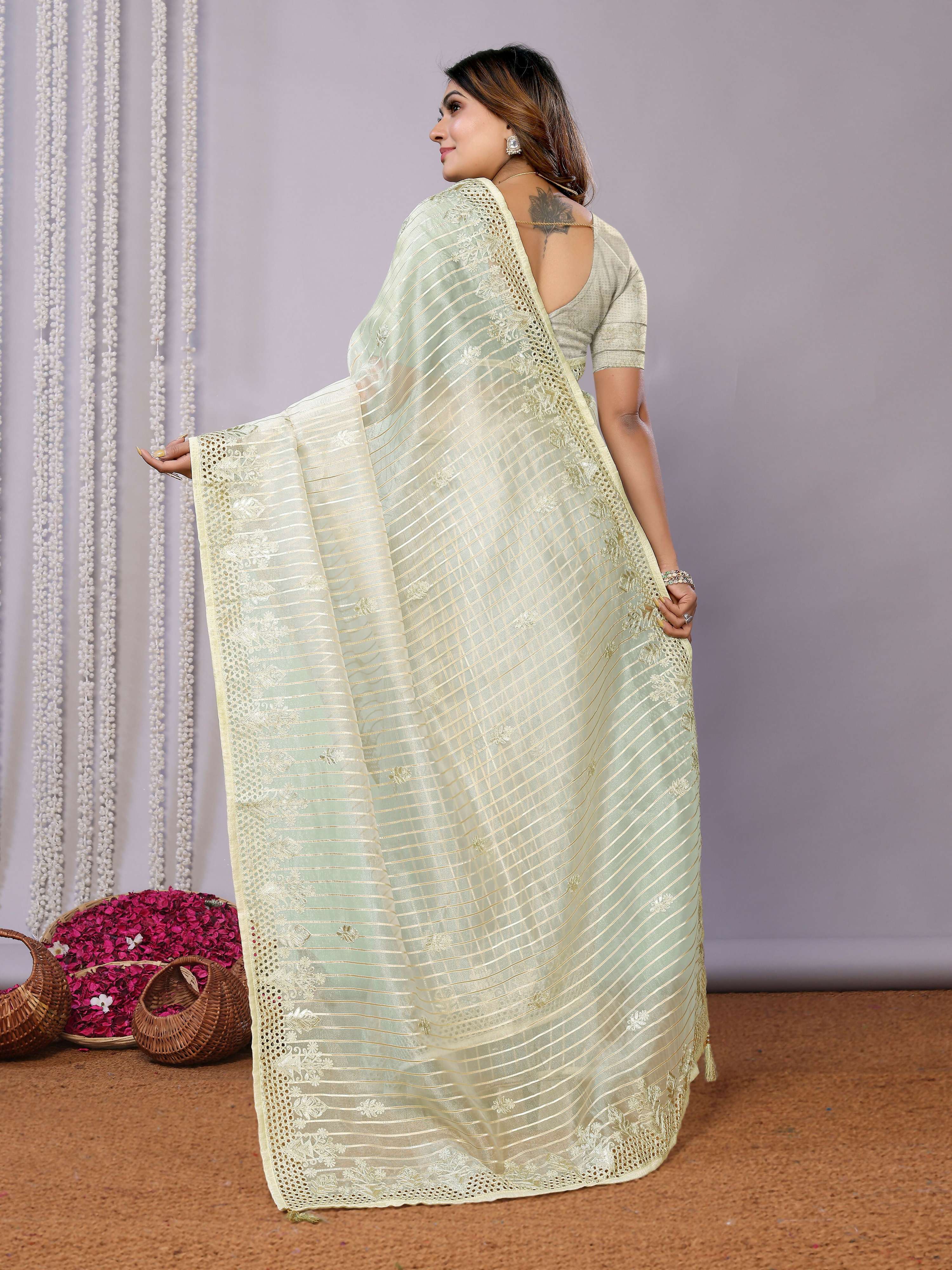 Green Silk Embroidered Saree With Stitched Blouse - Nimaya Kaksha