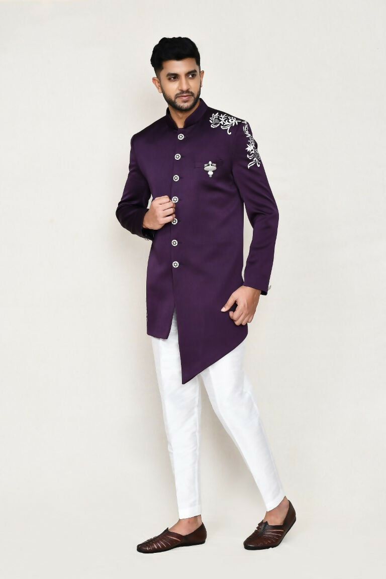 Joban Fashion Purple Colored Polyester Fabric Indo Western With Straight Fir Pant
