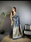 Joban Fashion Grey Floral Jacquard Woven Design Cotton Silk Banarasi Silk Saree - Distacart