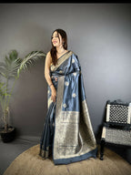 Joban Fashion Grey Floral Jacquard Woven Design Cotton Silk Banarasi Silk Saree - Distacart
