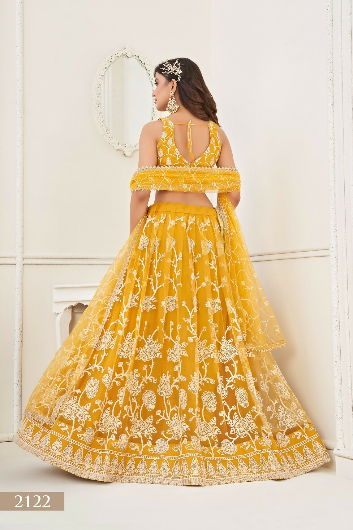 Eilara Women'S Mustard Butterfly Net With Sequins And Embroidery Work Lehenga Choli For Wedding