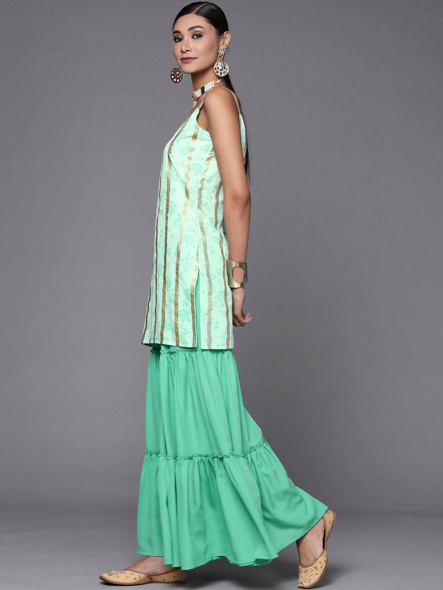 Ahalyaa Blue & Gold Floral Printed & Striped Straight Kurti with Sharara - Distacart