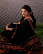 DEIANA'S Beautiful Designer Golden zari Soft Lichi Silk Saree - Black