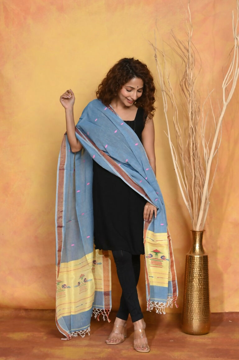 Very Much Indian Handloom Pure Cotton Paithani Dupatta - Powder Blue