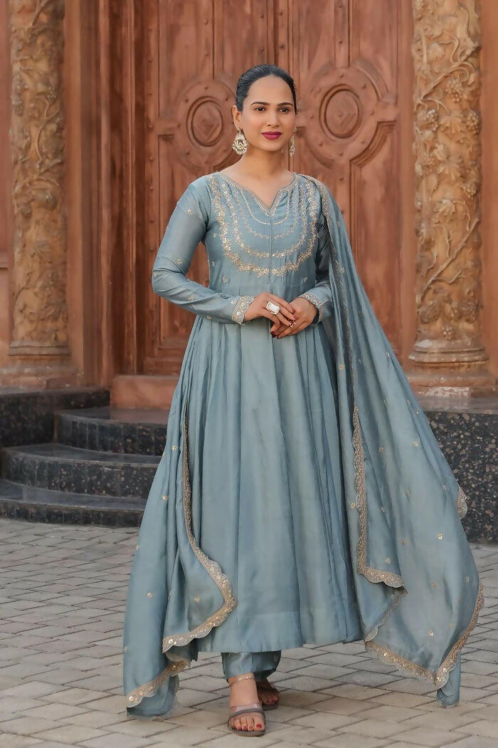 The52 Teal Blue Women's Gorgeous Vichitra Silk Fabric Embroidered Work Flared Anarkali Pant and Dupatta Set - Distacart