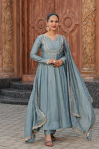 The52 Teal Blue Women's Gorgeous Vichitra Silk Fabric Embroidered Work Flared Anarkali Pant and Dupatta Set - Distacart
