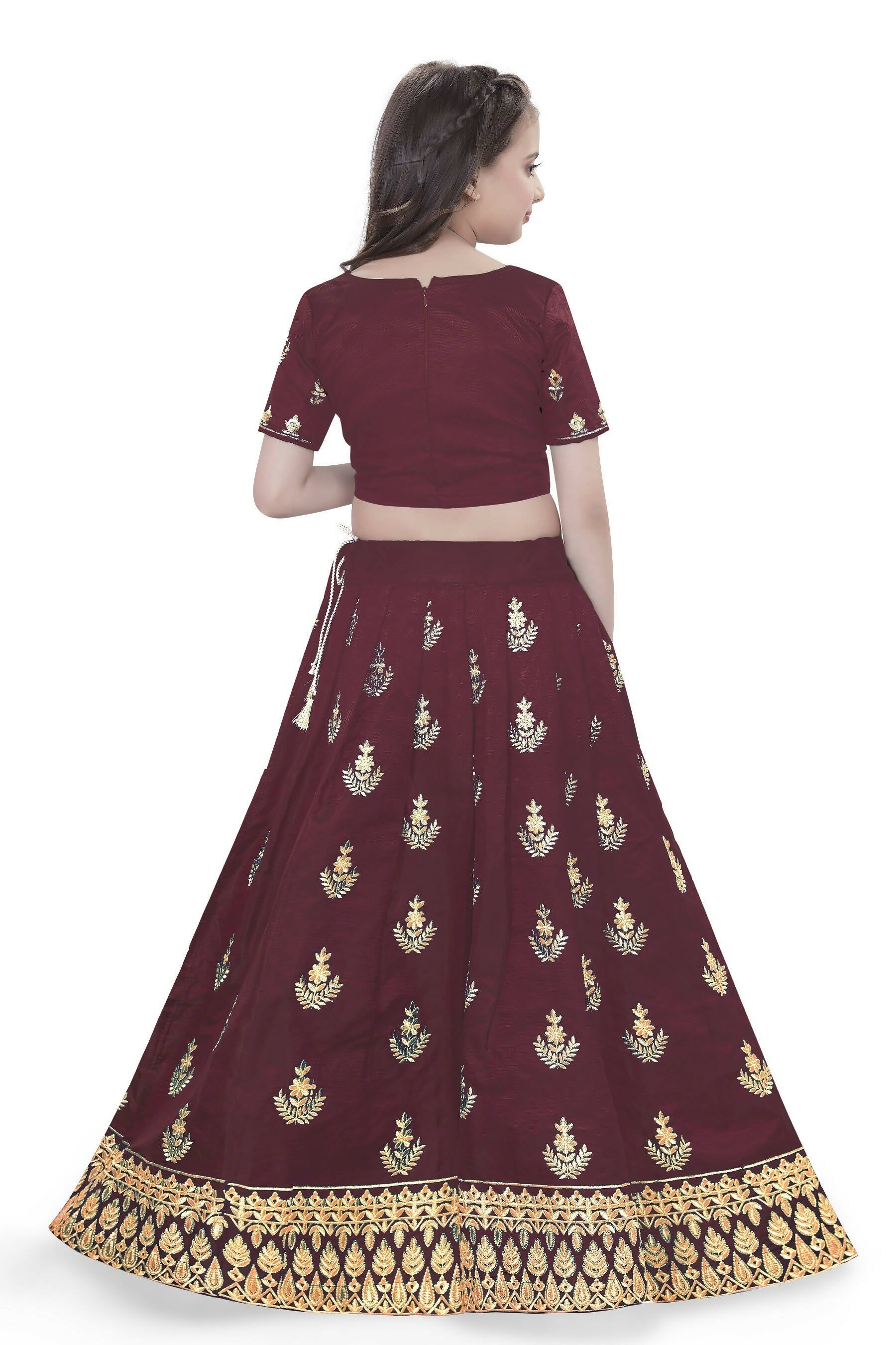 Dwiden Maroon Kamal Tafetta Sattin Semi-Stitched Girl's Lehenga Choli