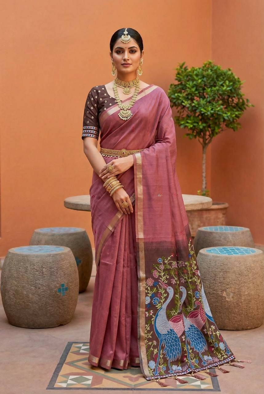 Vastranavya Mauve Muga Cotton Meenakari & Azarakh Pallu Saree with Contrast Blouse - Distacart