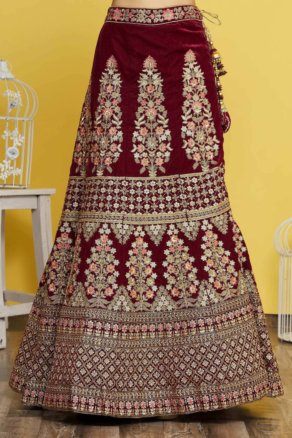 Maroon Velvet Semi-Stitched Wedding Bridal Lehenga - Nimaya