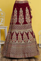 Maroon Velvet Semi-Stitched Wedding Bridal Lehenga - Nimaya