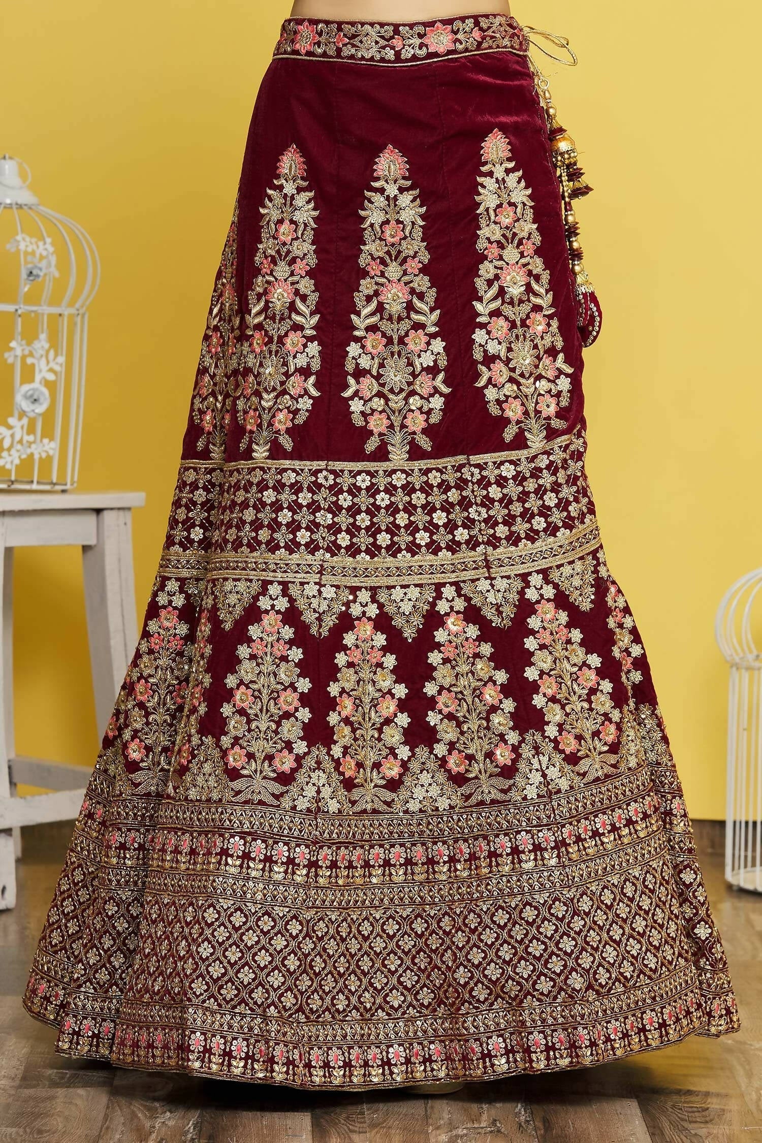 Maroon Velvet Semi-Stitched Wedding Bridal Lehenga - Nimaya