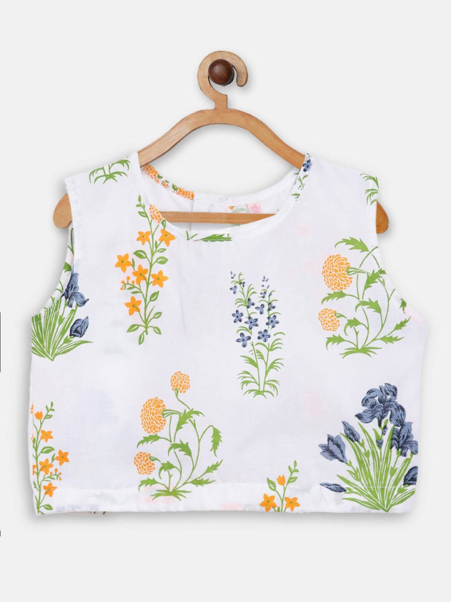Ahalyaa Off White Cotton Printed Kids Top and Palazzo With Net Jacket For Girls
