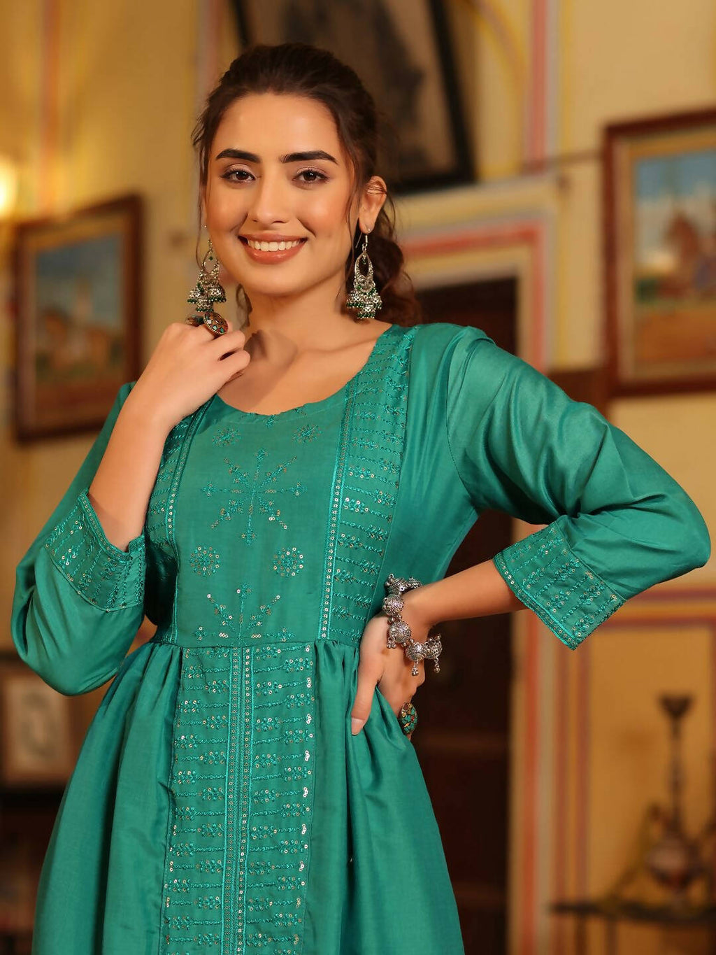 Juniper Women's Teal Festive Embroiderd Flared Dress - Distacart